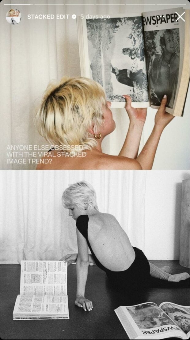 Tendencia viral de imágenes apiladas en tezza: fotos en blanco y negro ya color de una persona leyendo.
