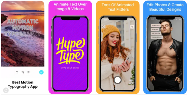Captura de pantalla de funciones de hype type, una App para fotografías con Movimiento y textos Animados