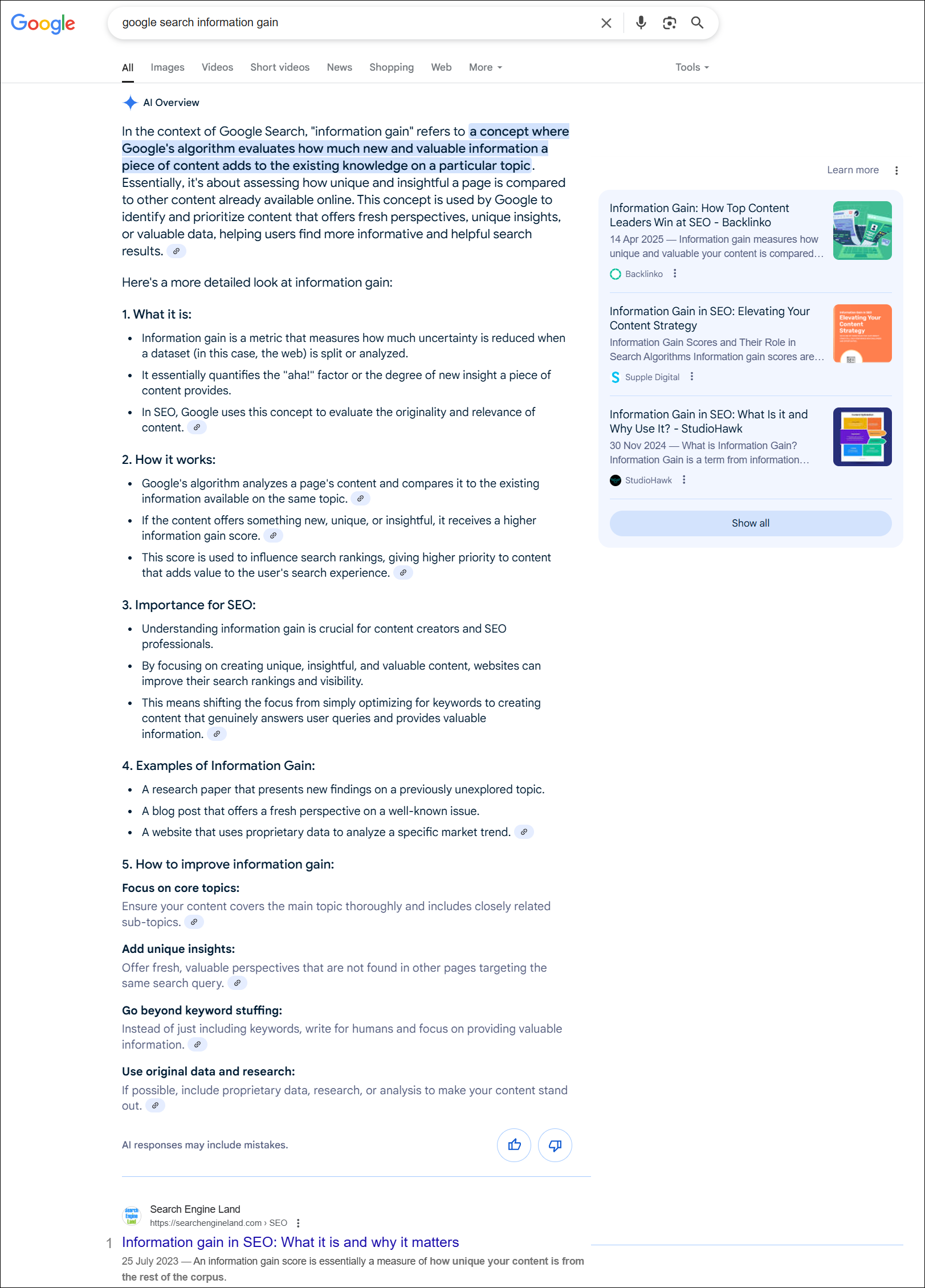 Google AI -Zusammenfassung für die Suche nach Informationsgewinn.