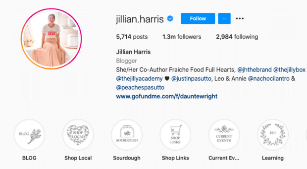 íconos de historias destacadas de Instagram en el Perfil de Jillian Harris