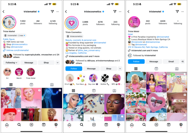 Instagram Account Multipli esempio dei Feed di Trixie Mattel per la sua linea di cosmetici, il suo personaggio da Drag Queen e la sua tremissione tv sui Motel