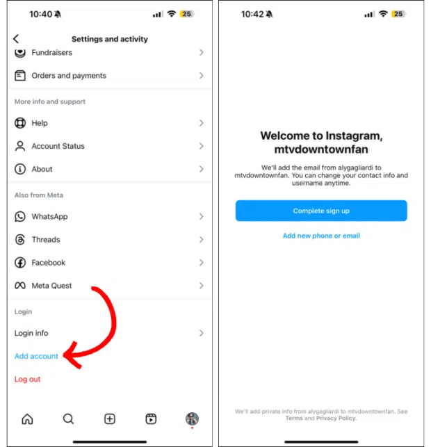 Impostazioni -Konto e Schermata di Registrazione di Instagram