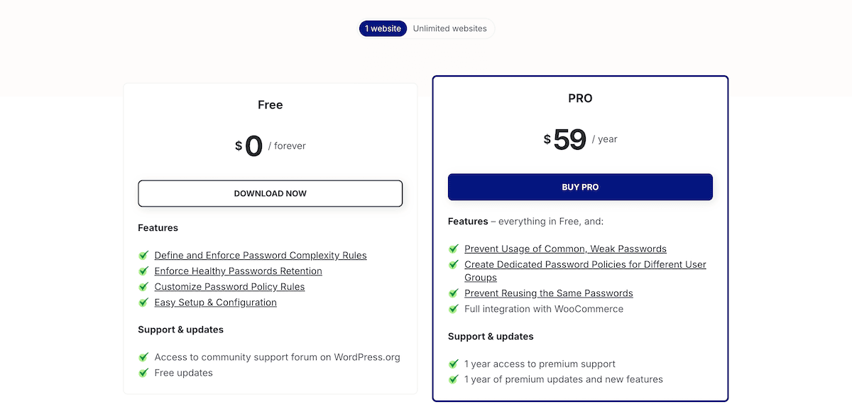 Die Pricing -Seite der WP -Kennwortrichtlinie zeigt kostenlose und Pro -Optionen an.