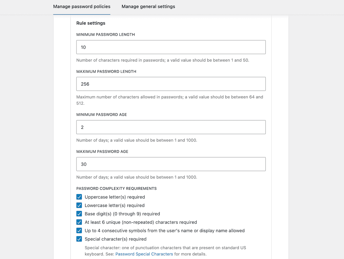 Die Regeleinstellungen in WP -Kennwortrichtlinien.