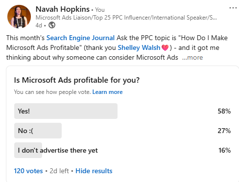 screenshot of linkedin poll displaying results for Microsoft ads profitability. the majority find it profitable