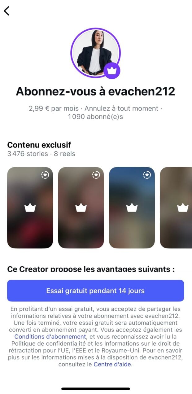 écran pour s'abonner au cmenu exklusif d'un compte Instagram