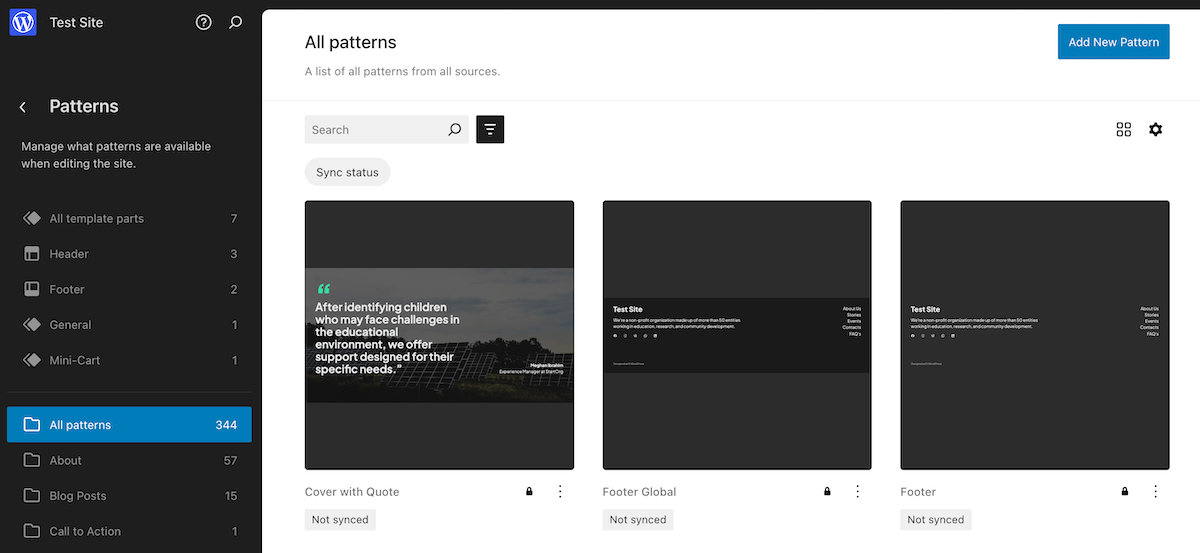 Adding new site and section patterns to a design using the WordPress.com Site Editor.