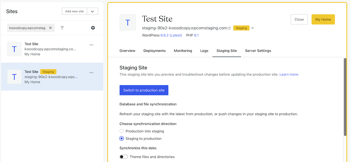 Syncing a staging and live site within WordPress.com.