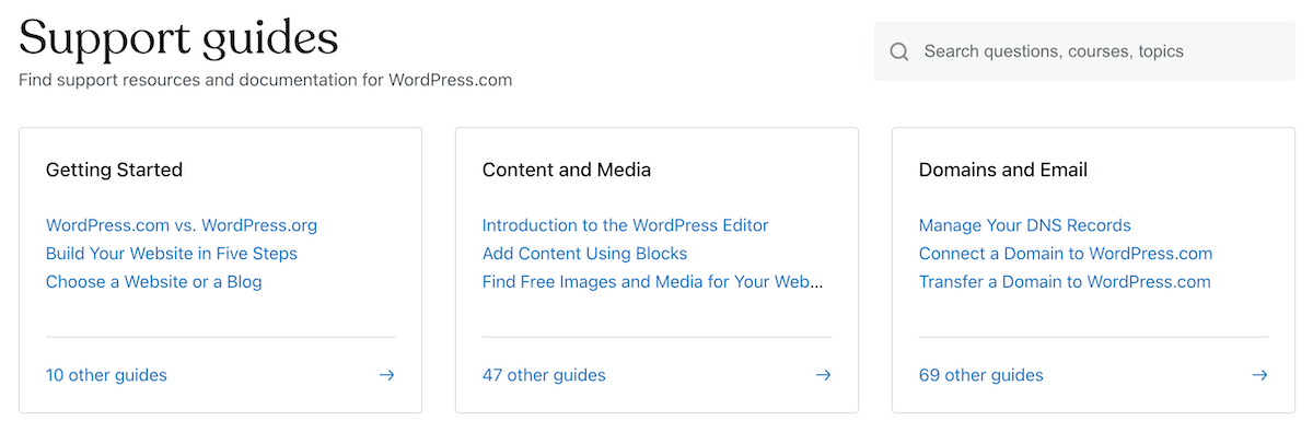 The Support guides screen within the the WordPress.com dashboard.