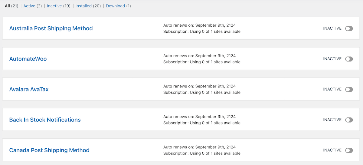 The WooCommerce extensions/plugins screen showing all current installed and activated extensions on site.