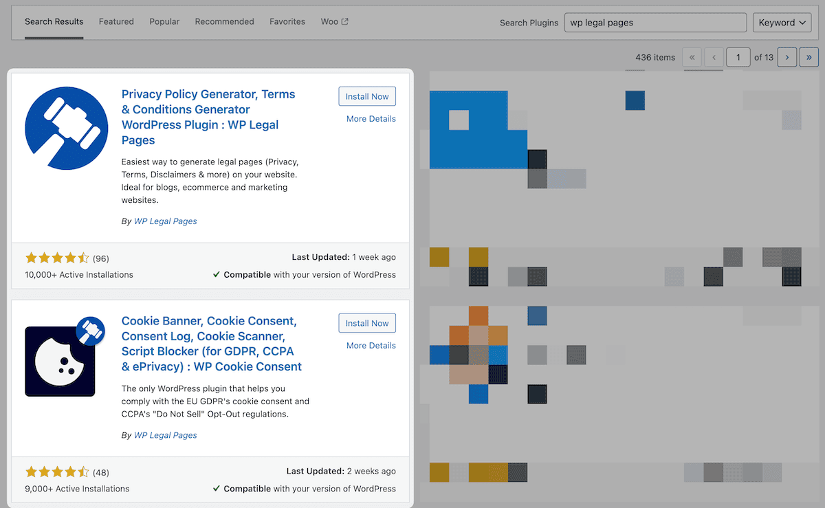 Das WordPress -Plugin -Verzeichnis in einem WordPress -Dashboard zeigt die Plugins von WP Legal Pages.