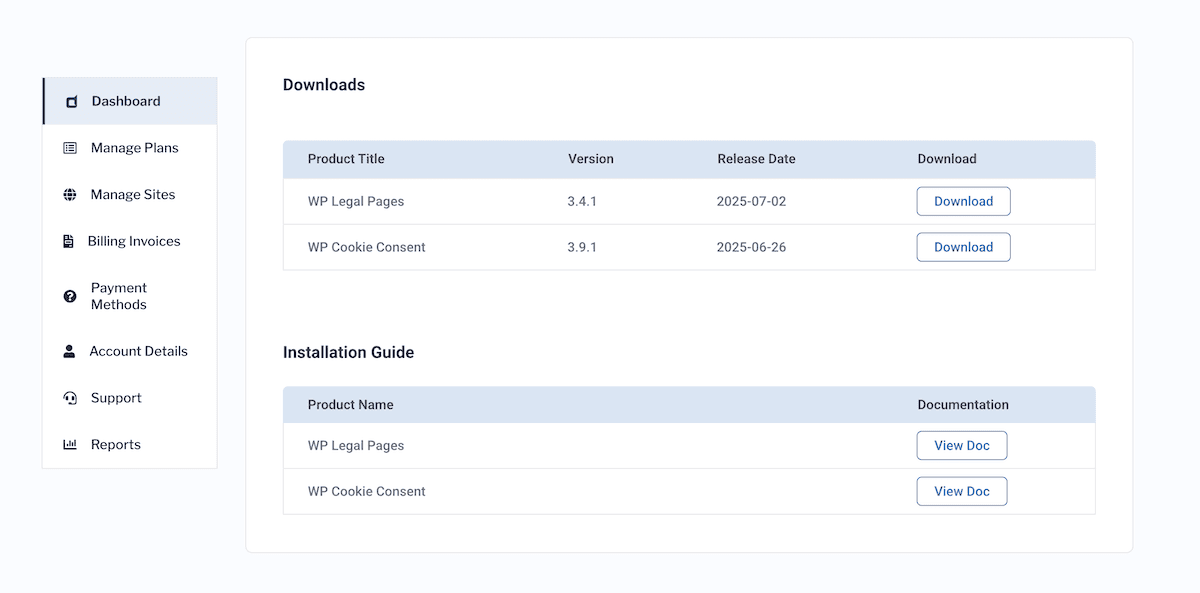 Der Download -Abschnitt innerhalb der WP Legal Pages Dashboard.