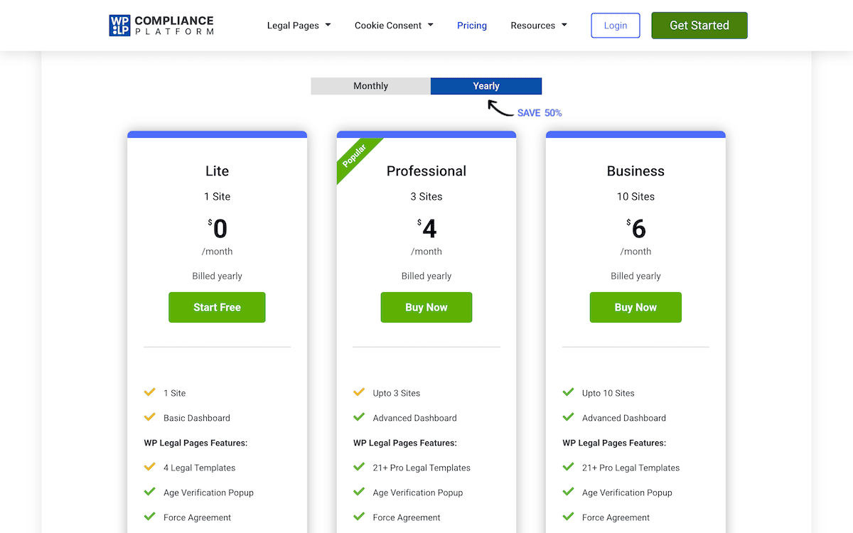 Die Pricing -Seite der WPLP Compliance Platform.