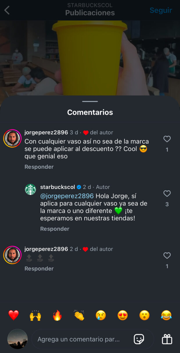 Respuesta a comentario de Instagram de Starbuck