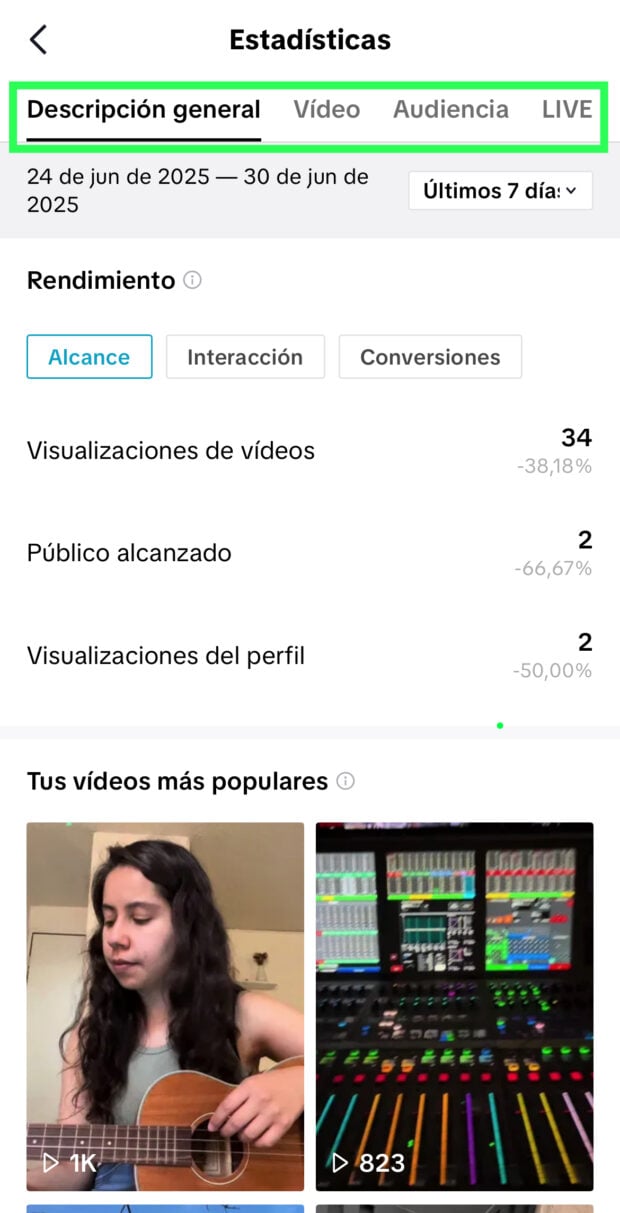Cambia entre las pestañas resumeen, Video, audiencia y live para veriFerentes métricas