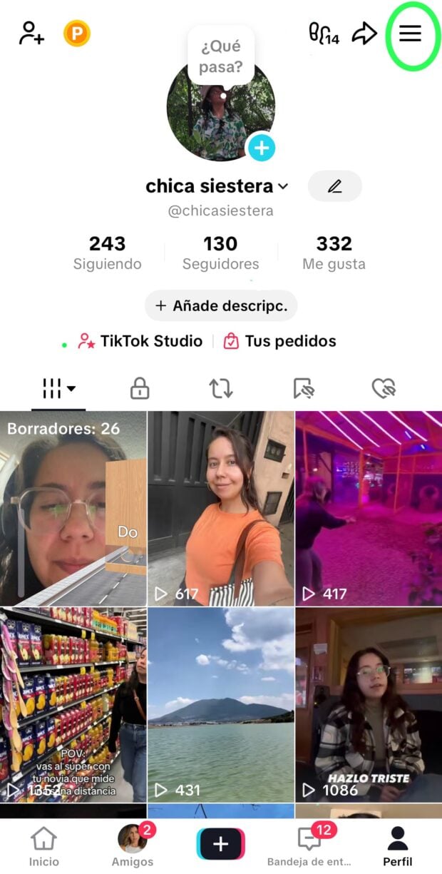 Selecciona el perfil de tu cuenta de tiktok en la Esquina Inferior Derecha