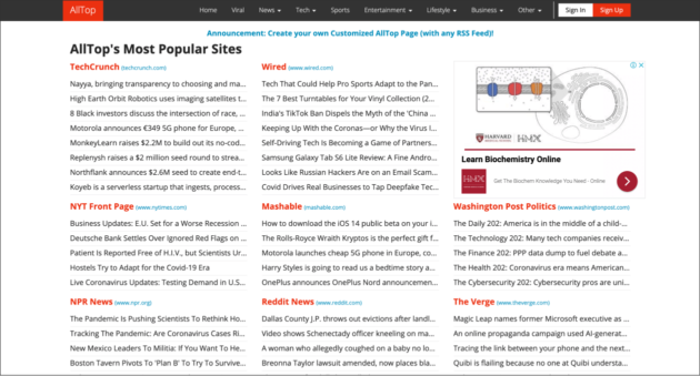 Die Alltop -Inhalts -Aggregator -Website.