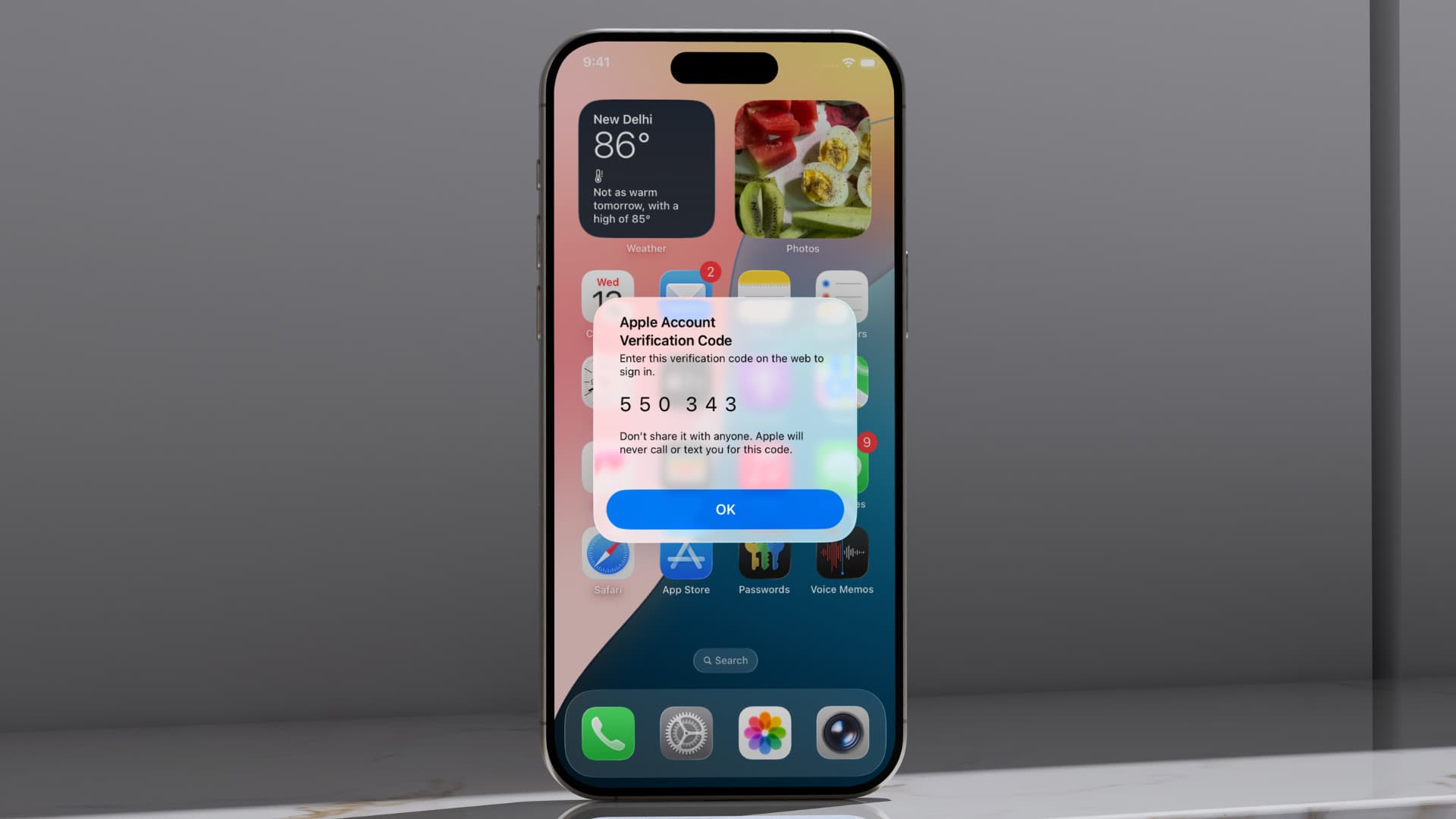 Apple -Konto -Überprüfungscode auf dem iPhone -Bildschirm