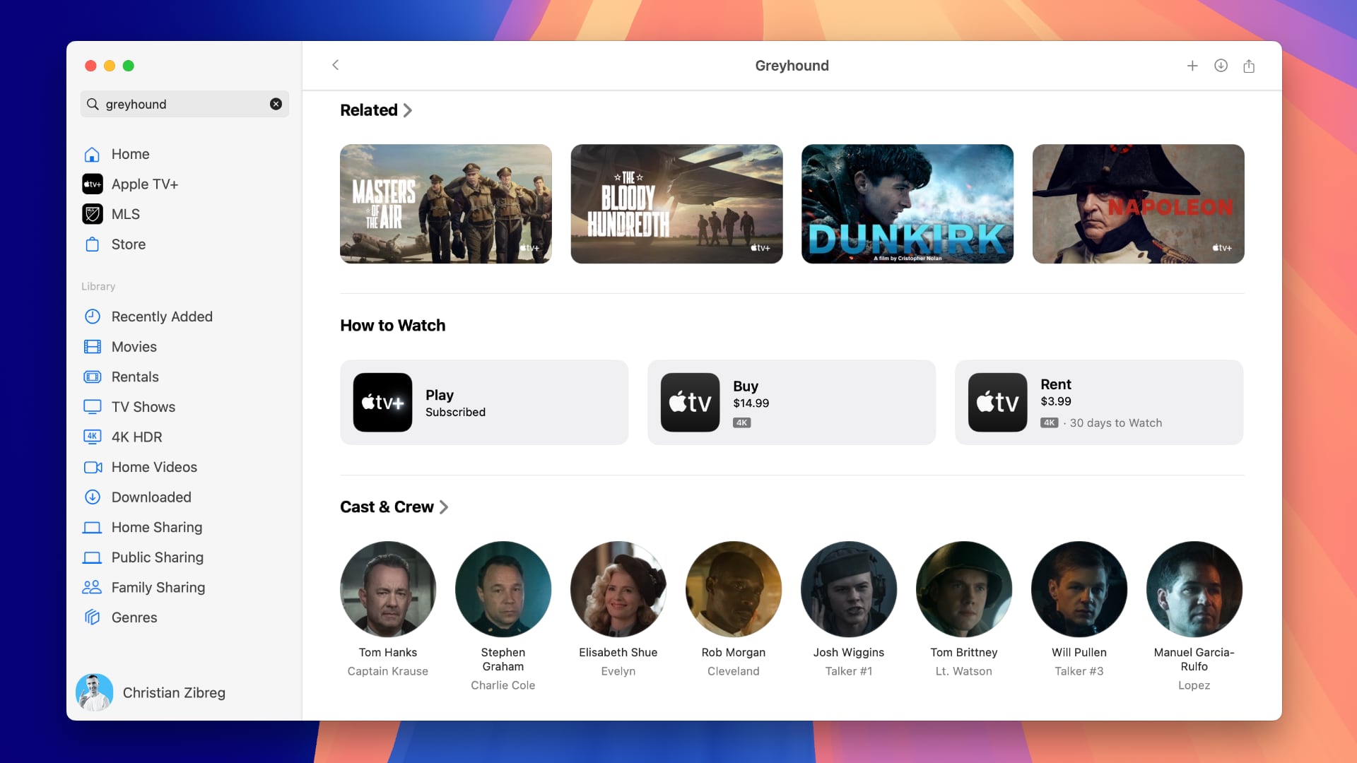 MacOS -TV -App zeigt die Greyhound -Filmseite mit dem Abschnitt zum Anschauen von Kauf- und Mietoptionen an.