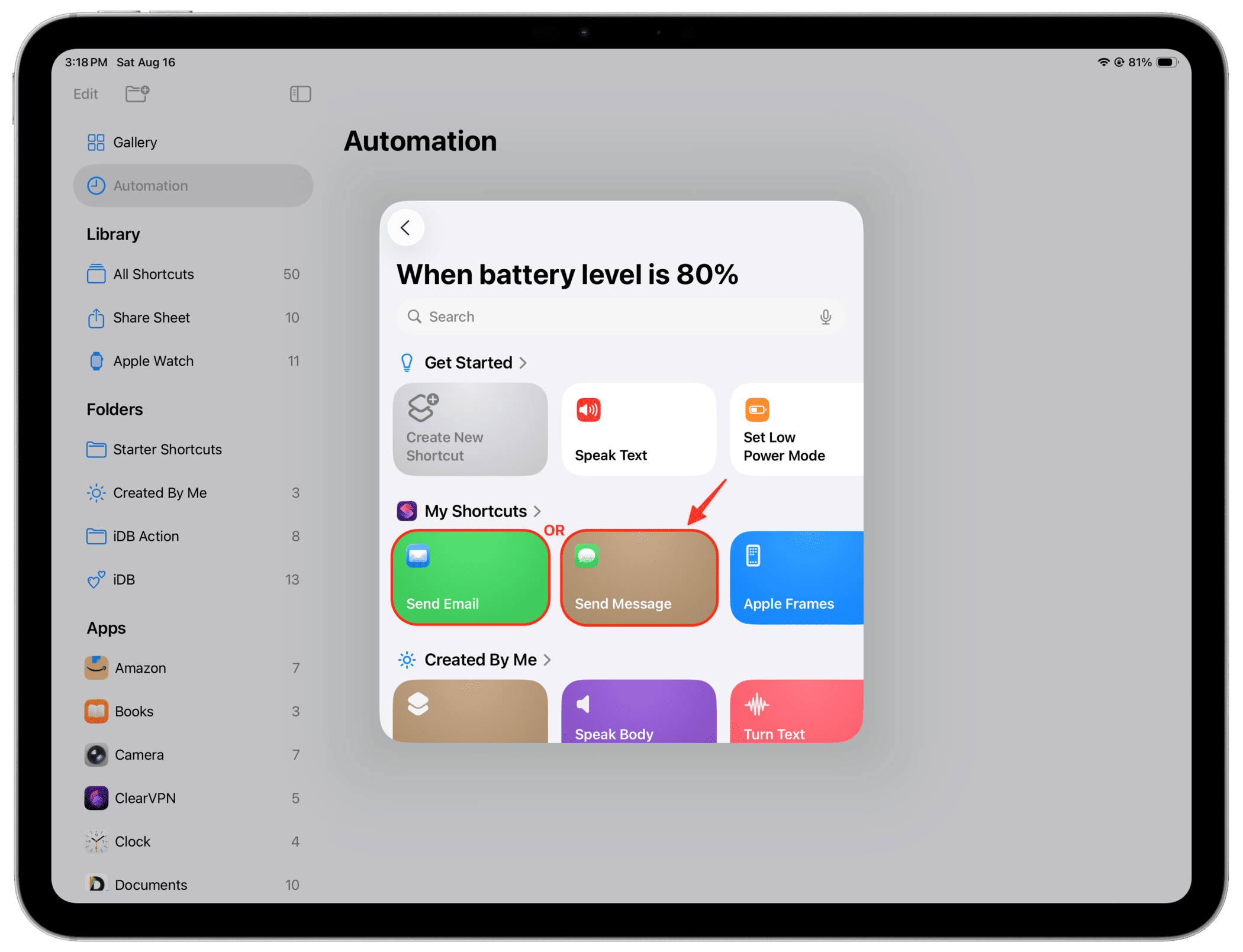 Weisen Sie die Automatisierung der iPad -Batterie auf, um Nachrichten zu senden oder E -Mail -Verknüpfungen zu senden