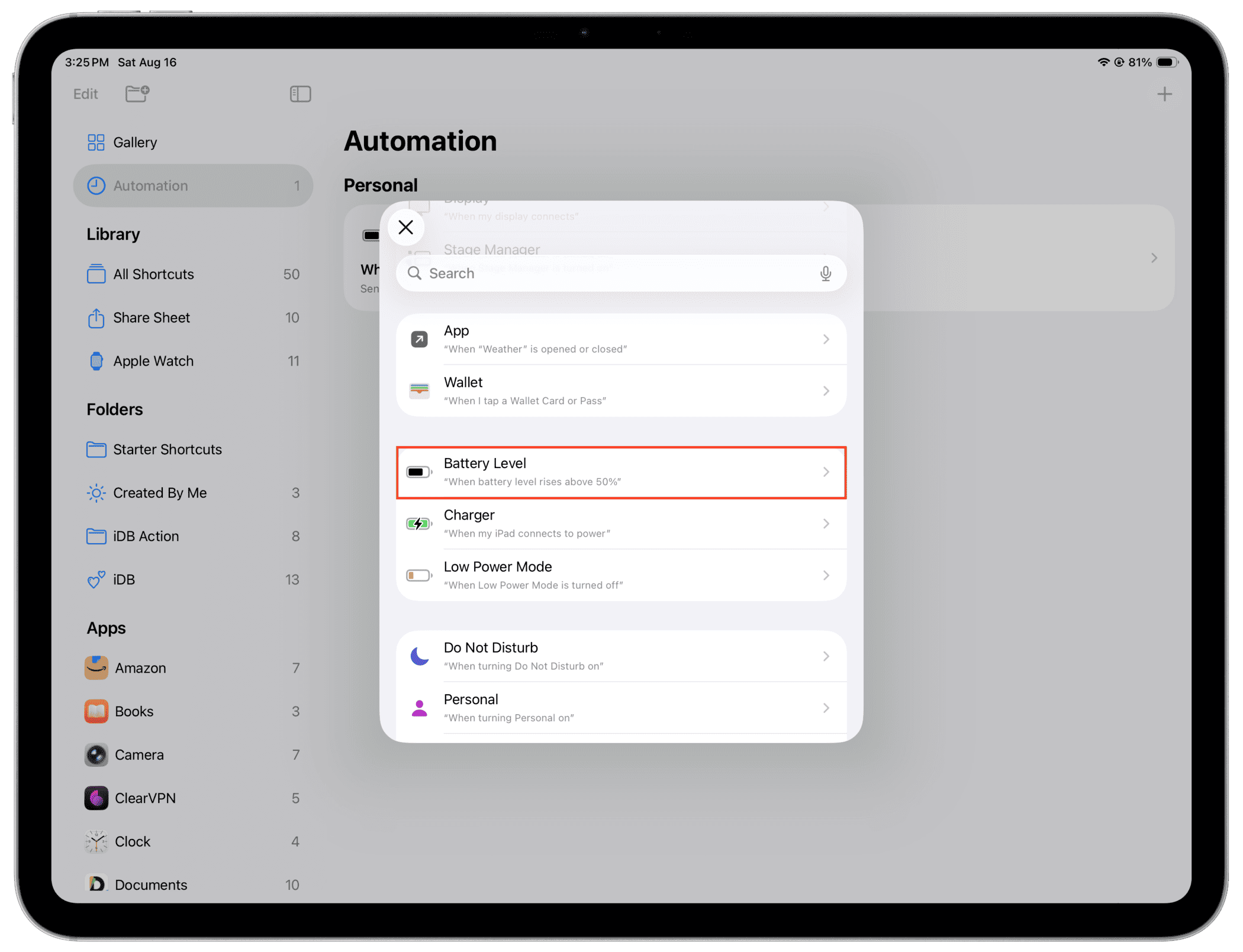 Batteriespiegel Automatisierung auf dem iPad