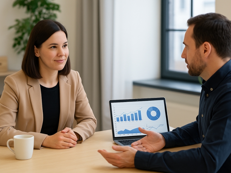 Treffen des Geschäftsinhabers mit dem SEO -Berater, der lokale Marketingstrategien überprüft.