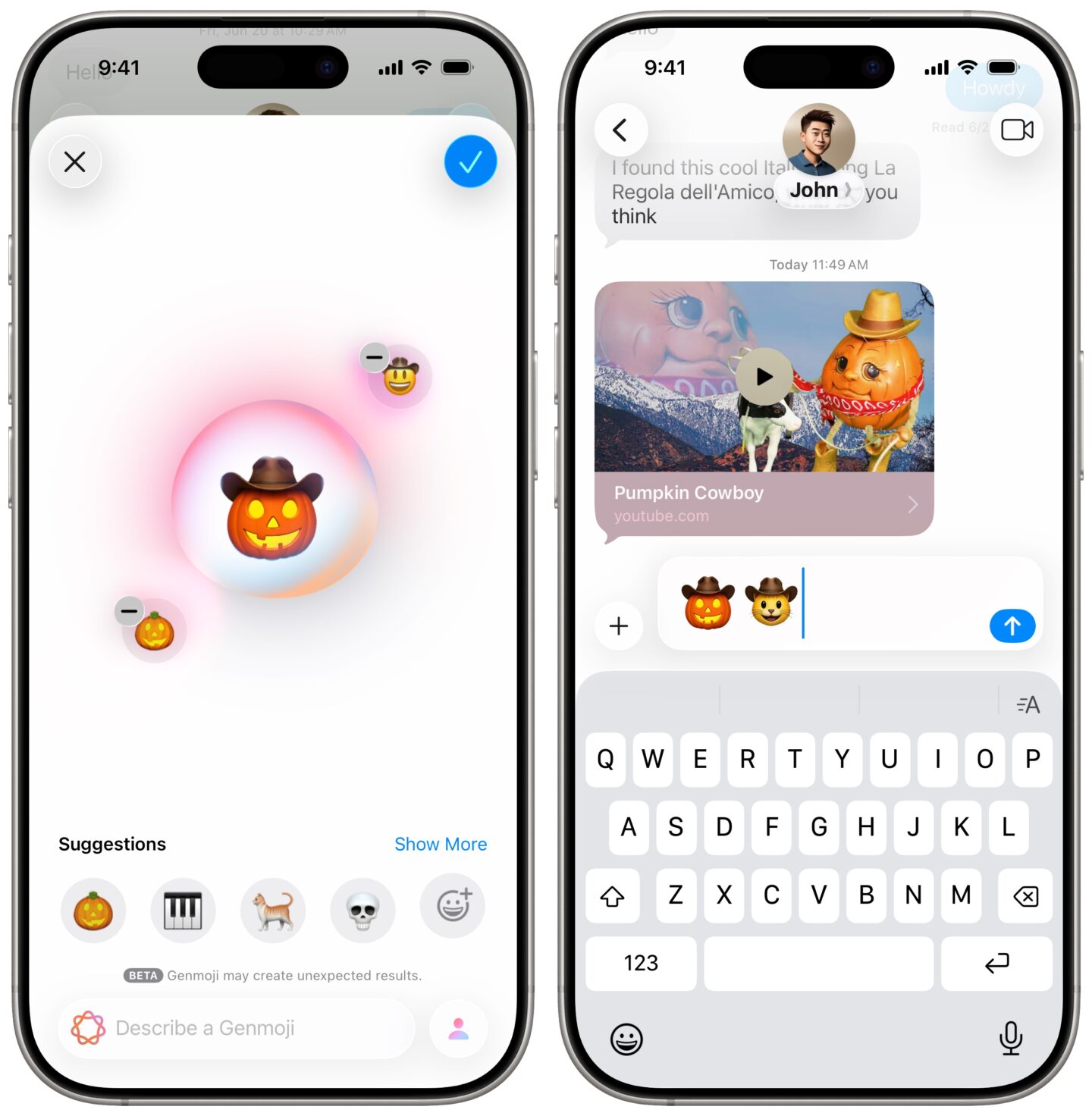 Kombinieren Sie Genmoji Erstellen eines Kürbis -Cowboy -Emoji und einer Cowboy -Katze Emoji