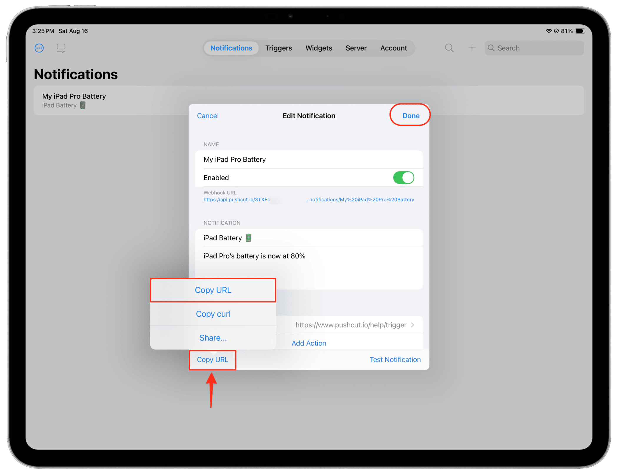 Kopie der URL- oder iPad -Batterie -Benachrichtigung in Pushcut App