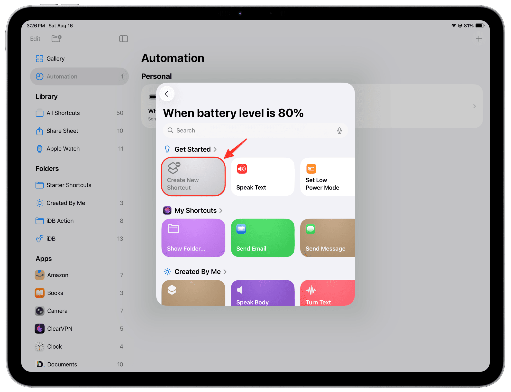 Erstellen Sie eine neue Verknüpfung für die Benachrichtigung über iPad -Akku