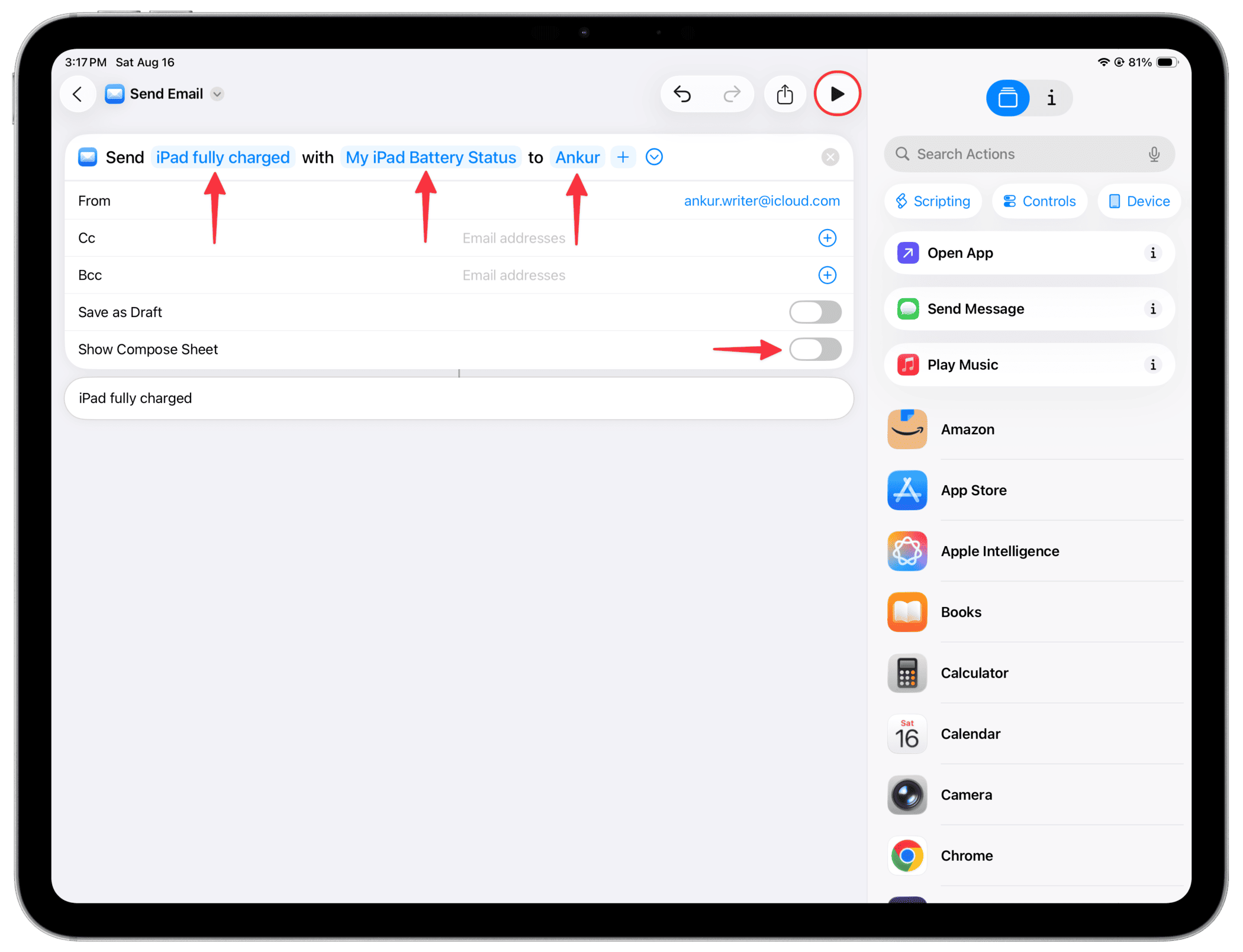 Erstellen von E -Mail -Verknüpfungen beim iPad Erzählen zum Batteriestatus
