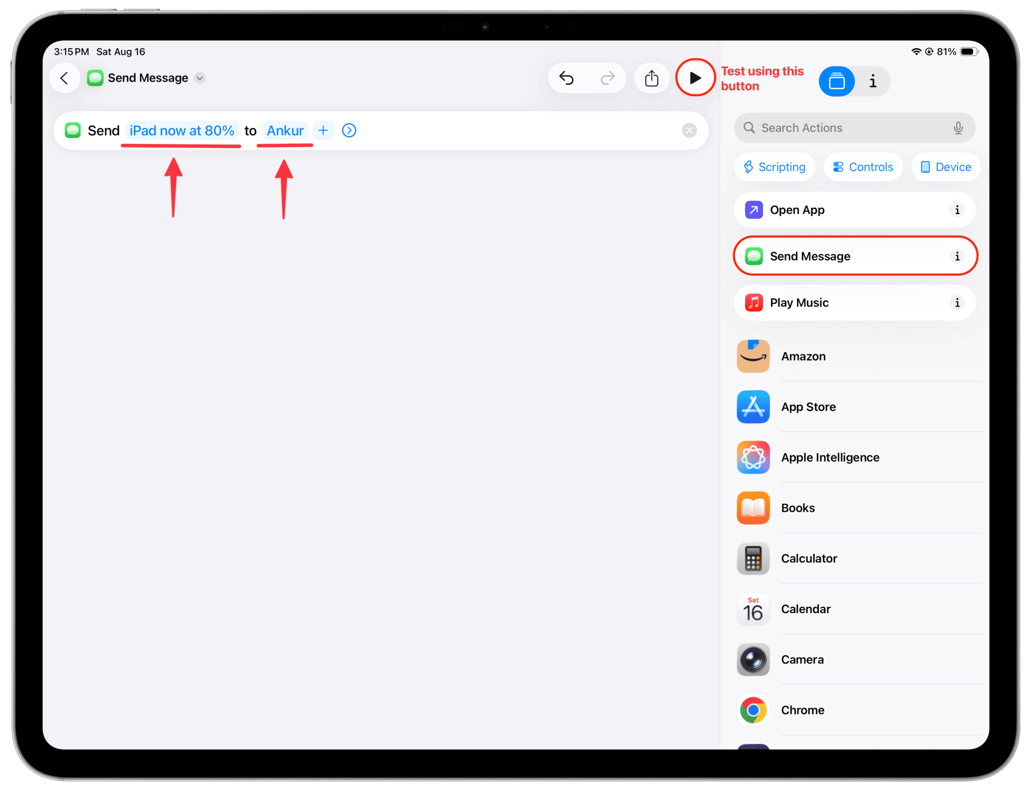 Erstellen von Message -Verknüpfungen beim iPad Erstellen über den Batterieprozentsatz