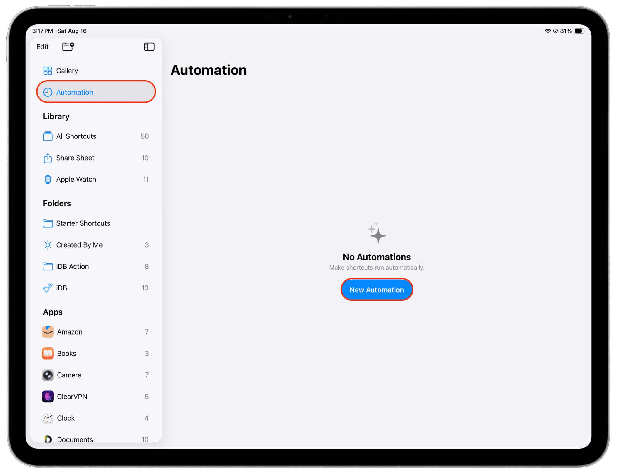 Erstellen neuer Automatisierung in der Verknüpfungs -App auf dem iPad
