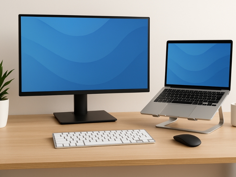 Dual Screen Workstation mit Laptop -Ständer und externer Tastatur