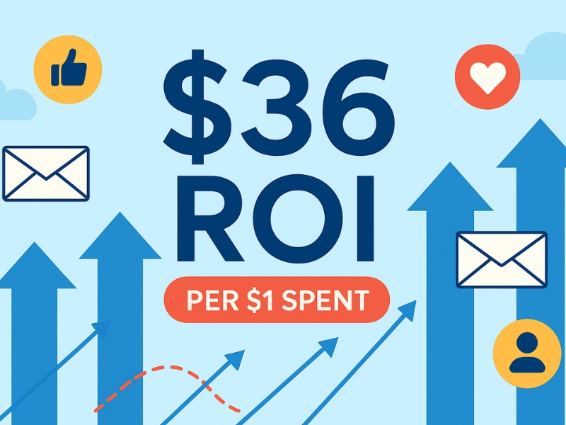 E -Mail -Marketing -ROI -Infografik mit 36 US -Dollar Rendite für jeden investierten 1 US -Dollar mit Ikonen für Engagement und Wachstum