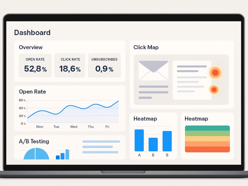 Das Dashboard von E -Mail -Marketinganalysen zeigt offene Preise, klicken Sie auf Karten und AB -Testergebnisse.