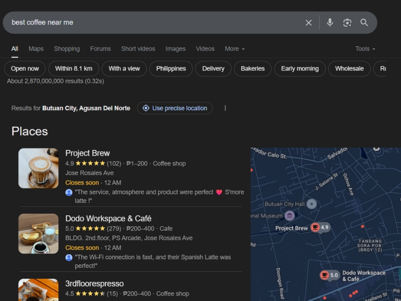 Beispiel für Google Local Pack -Ergebnisse für „Bester Kaffee in meiner Nähe“.