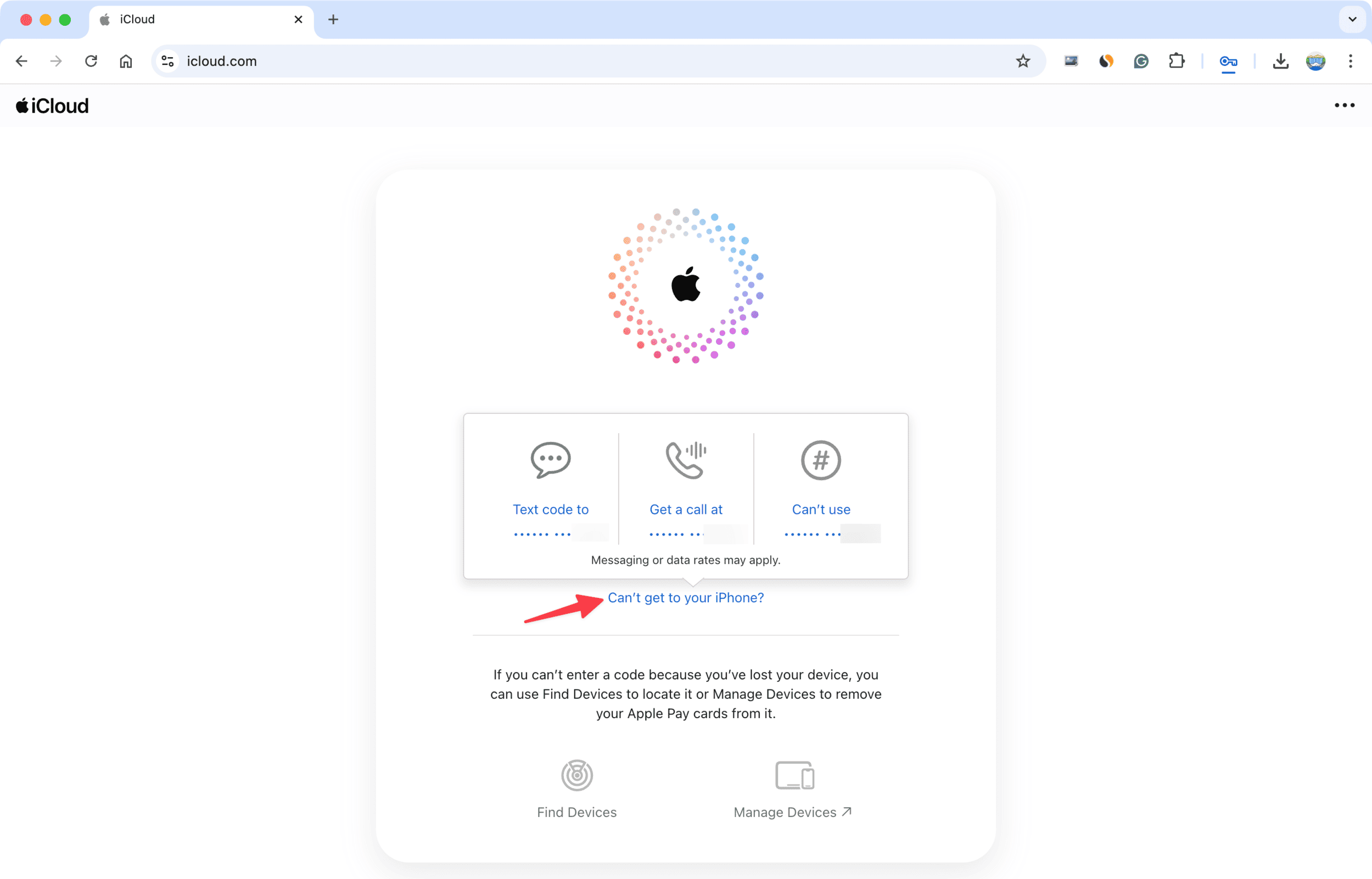 Holen Sie sich das Apple -Konto über SMS oder Telefonanweis auf dem Code auf dem Telefon auf Telefon oder Telefonanruf