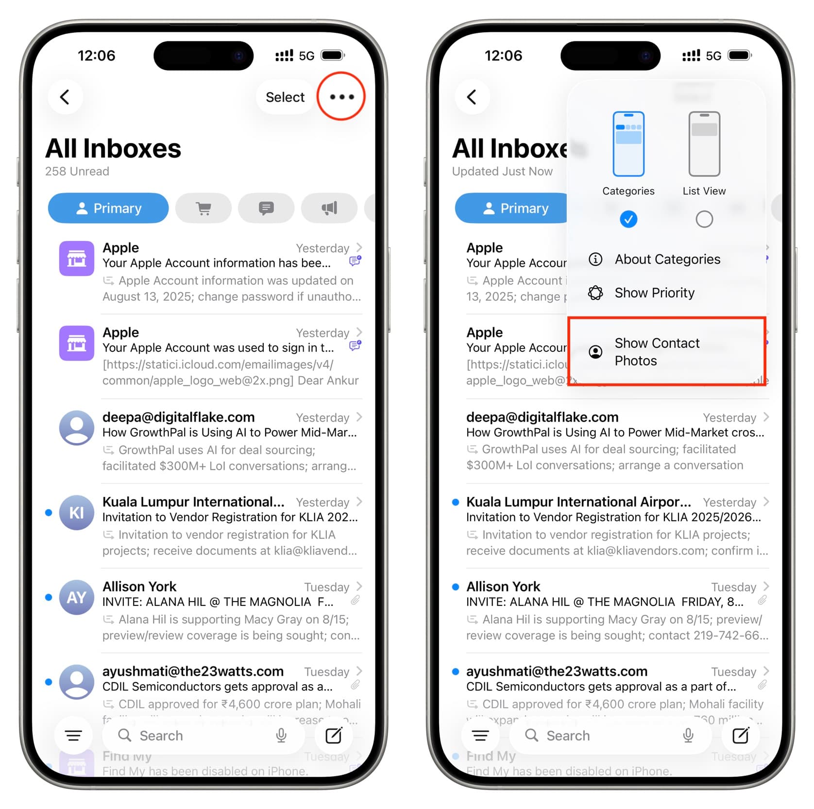 Kontaktfoto in Mail -App -Posteingang auf dem iPhone ausblenden