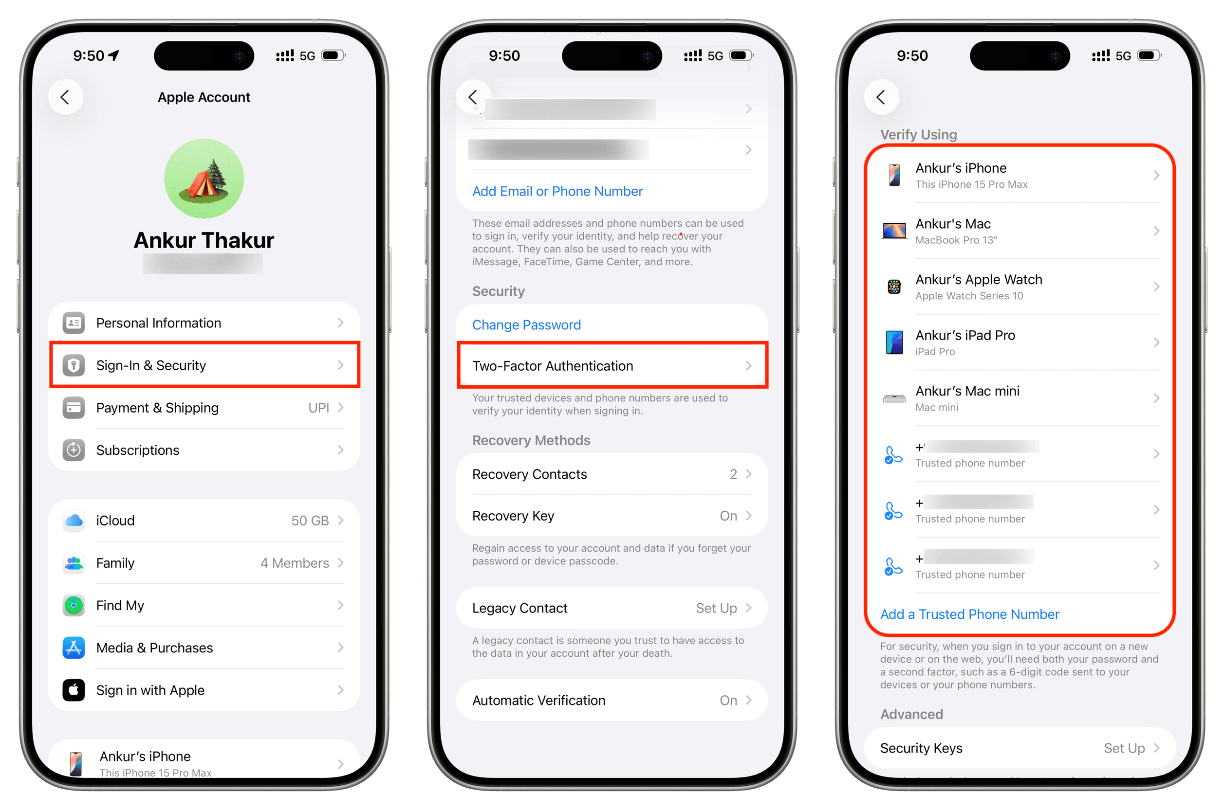 Liste der vertrauenswürdigen Geräte und Handynummern auf dem iPhone