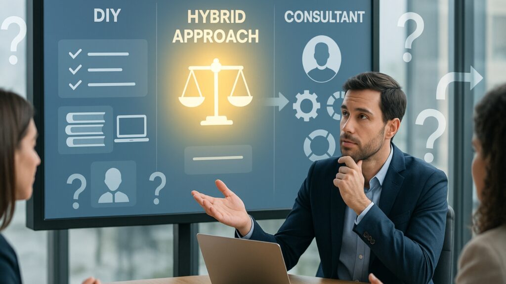 Der männliche digitale Vermarkter in modernem Büro analysiert DIY, Hybridansatz und Berateroptionen auf dem digitalen Bildschirm.