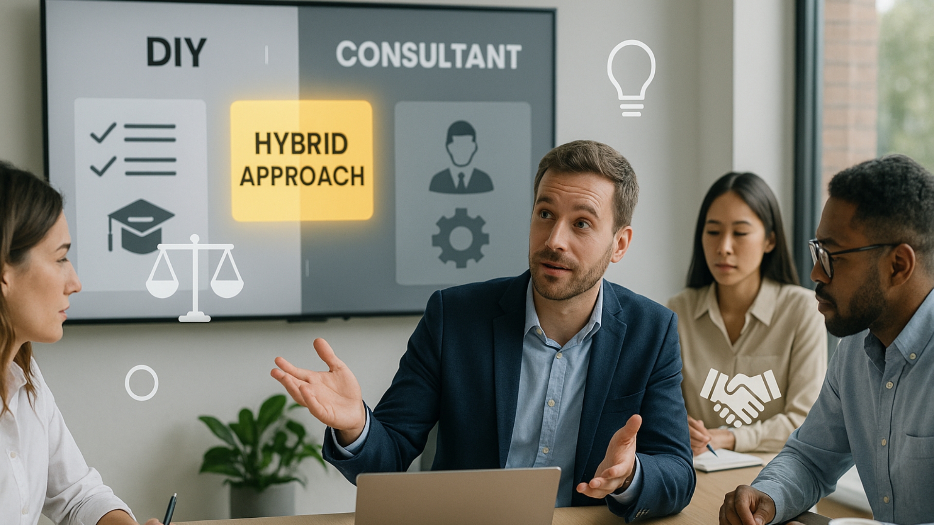 Der männliche digitale Vermarkter leitet ein Teamtreffen im modernen Büro, in dem DIY-, Berater- und Hybridansatzstrategien diskutiert werden, die auf einem digitalen Bildschirm mit Balance-, Glühbirnen- und Handshake -Symbolen angezeigt werden.