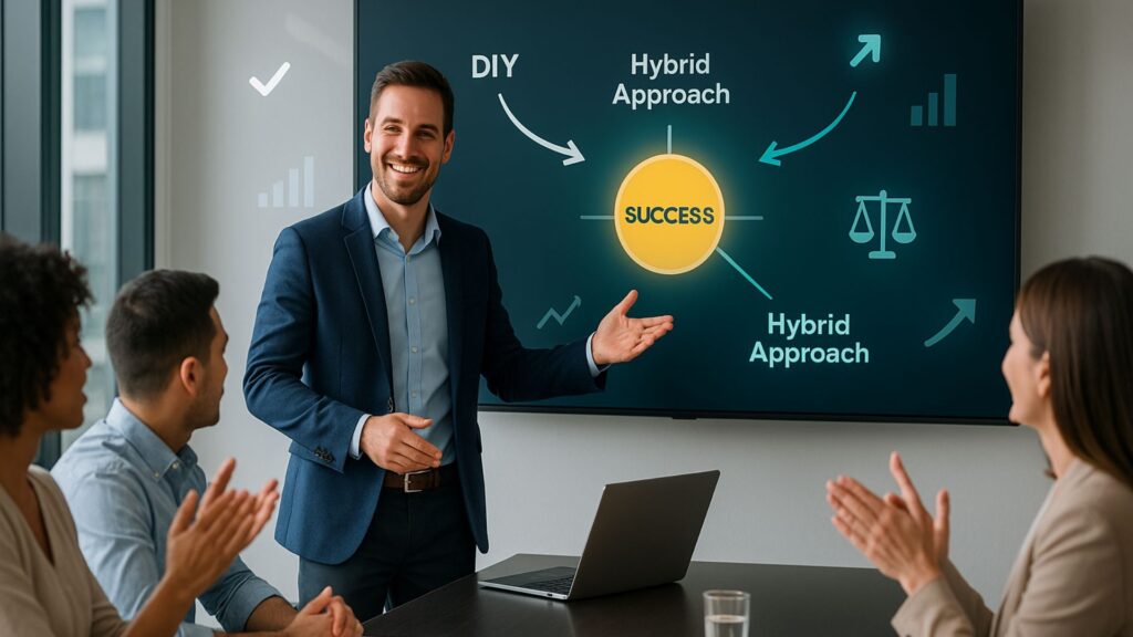 Der männliche digitale Vermarkter präsentiert eine Erfolgsstrategie im modernen Büro mit DIY-, Berater- und Hybrid -Ansatzpfaden auf dem Bildschirm, was zu einem leuchtenden Erfolgsikone führt, das sich einig applaudiert.