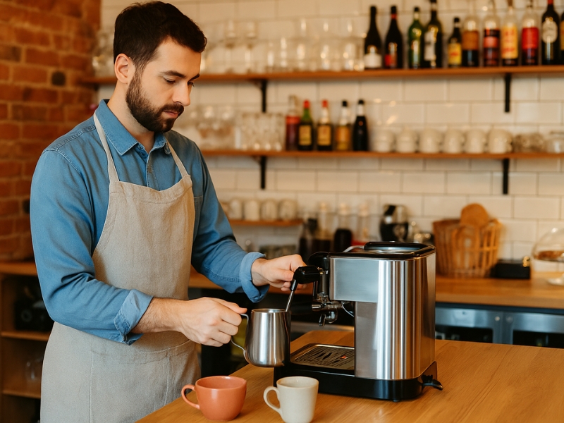 Café Barista in der Nachbarschaft, die Kaffee vorbereitet, ein Beispiel für ein lokales Unternehmen, das einen Inhaltskalender verwendet, um die Gemeinschaft zu engagieren.