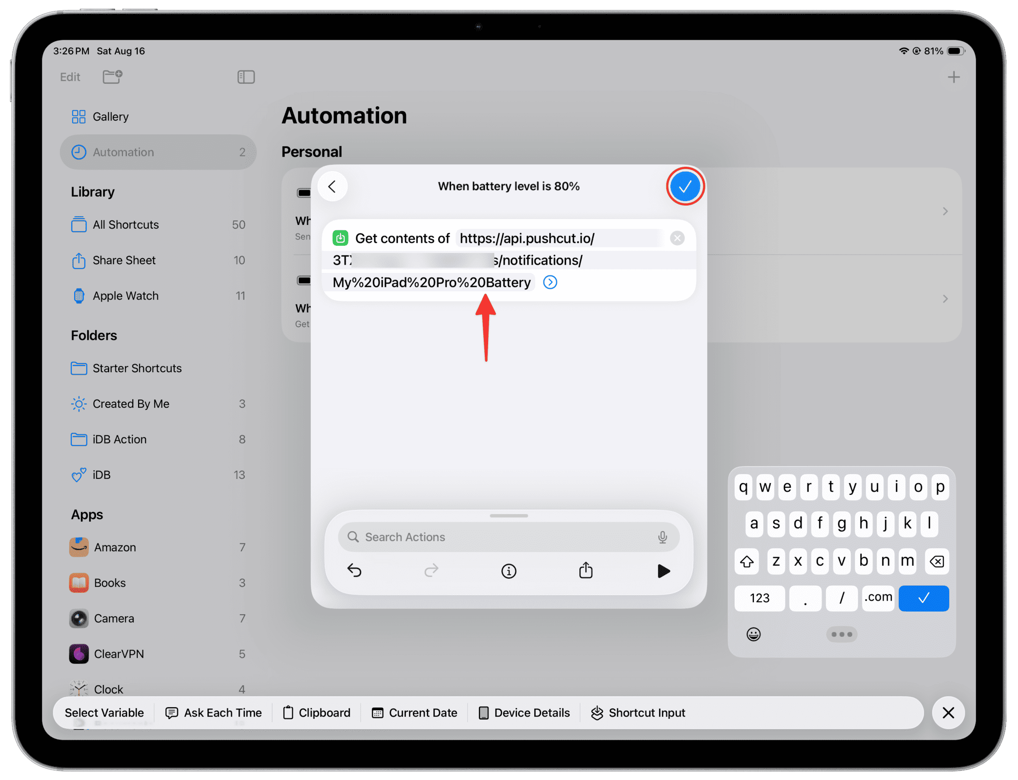 Pushcut Webhook URL in der iPad -Automatisierung einfügen
