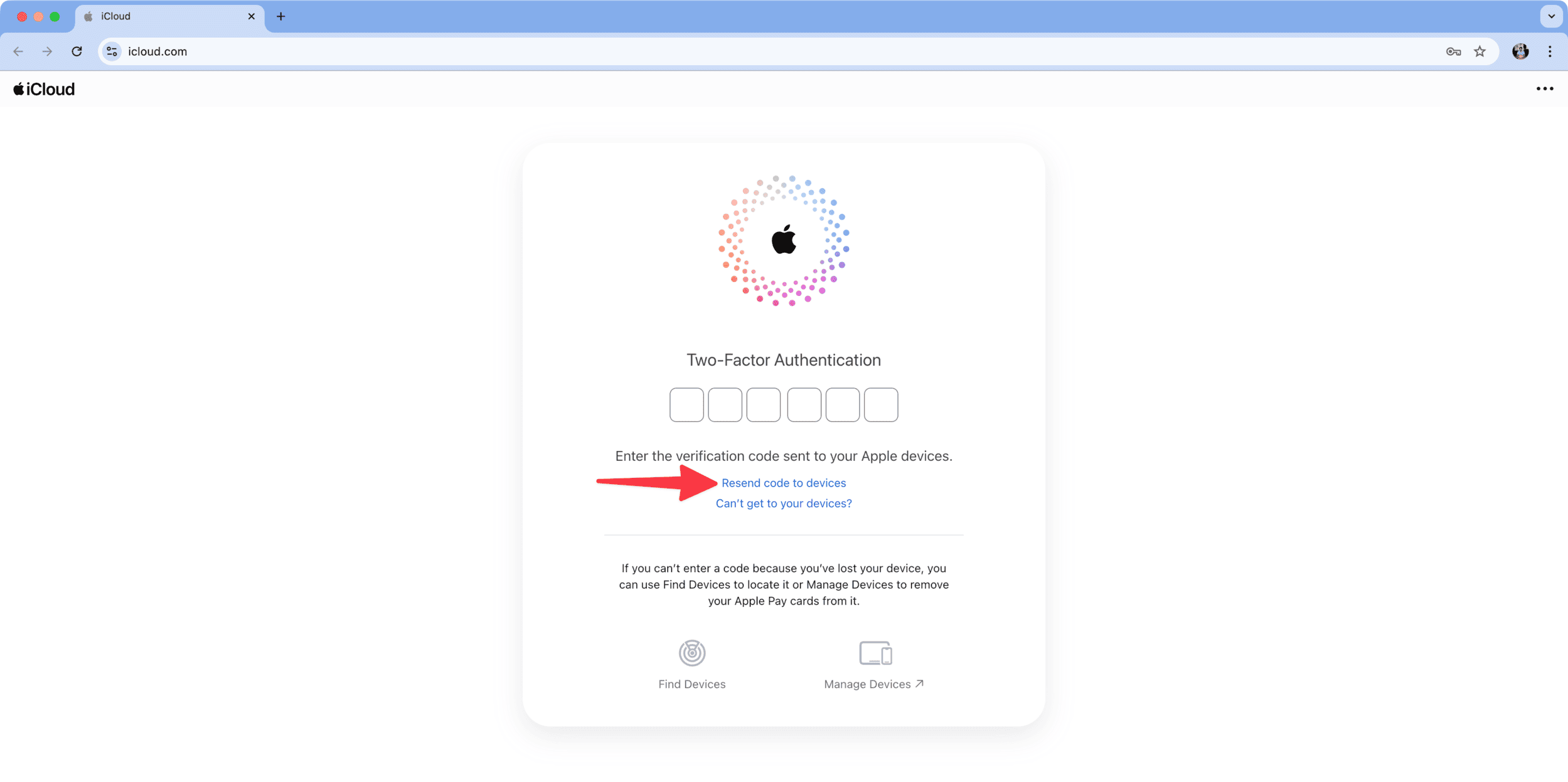 Senden Sie den Code an Geräte erneut, wenn Sie sich beim Apple -Konto anmelden