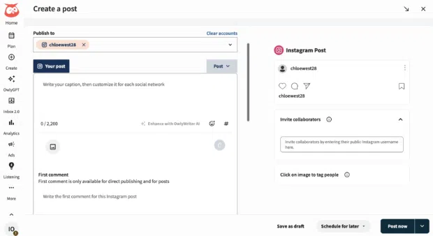 Wählen Sie das Instagram -Konto aus dem Dropdown -Menü