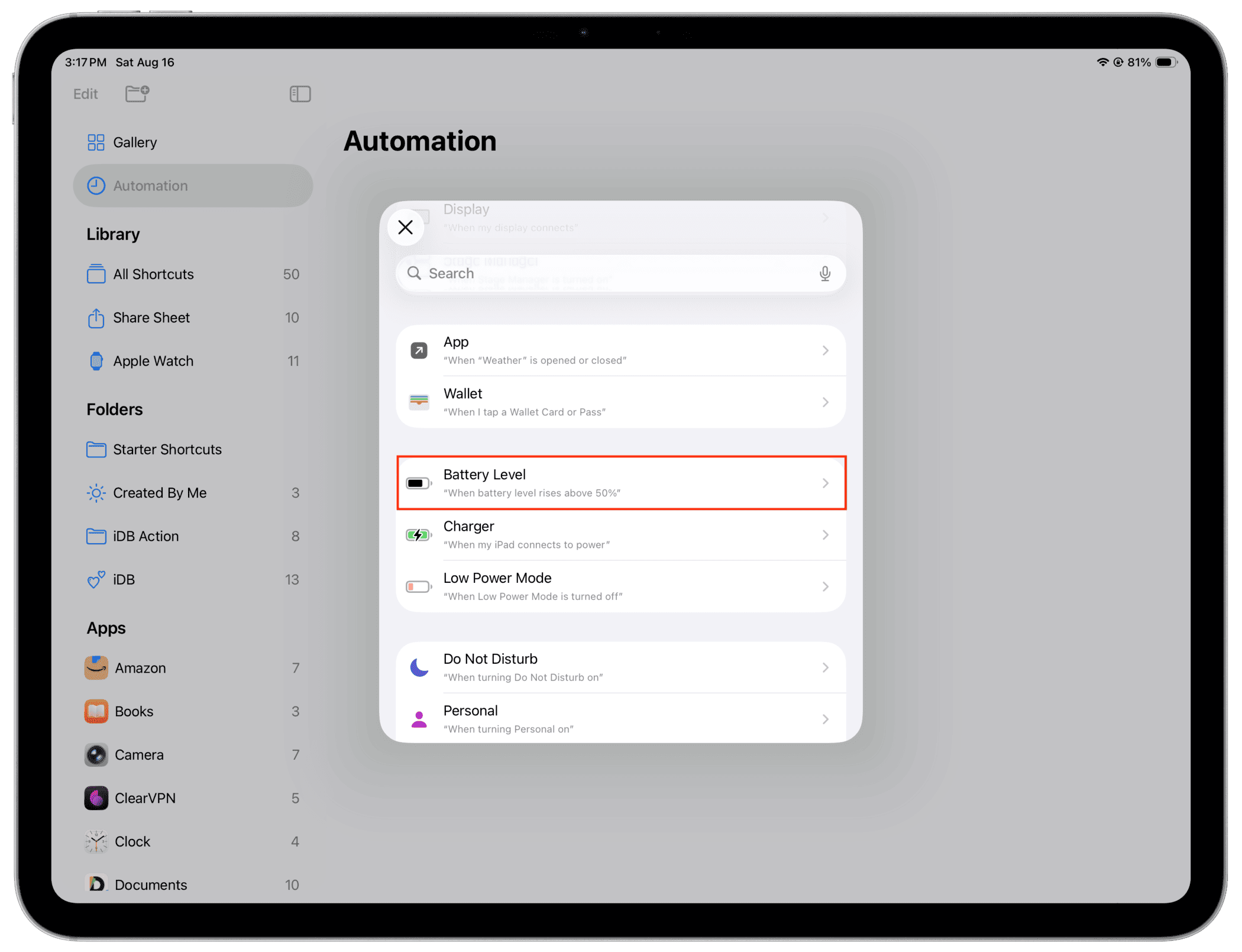 Auswahl der Batteriespiegel unter Automatisierung auf dem iPad