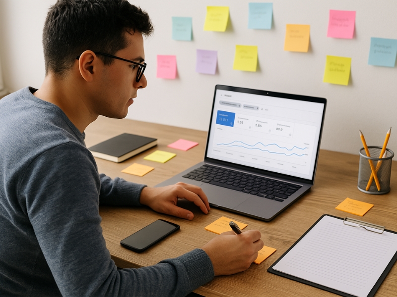 Small Business -Eigentümer analysiert das SEO -Dashboard bei der Verwaltung lokaler Marketingaufgaben.