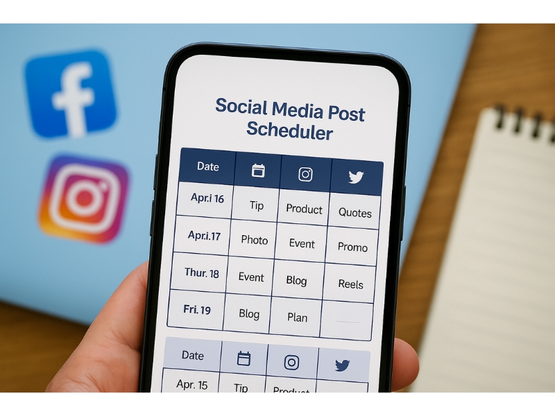 Scheduler für Social Media Post, die geplante Inhalte für verschiedene Plattformen im Rahmen eines lokalen Geschäftsmarketingkalenders zeigt