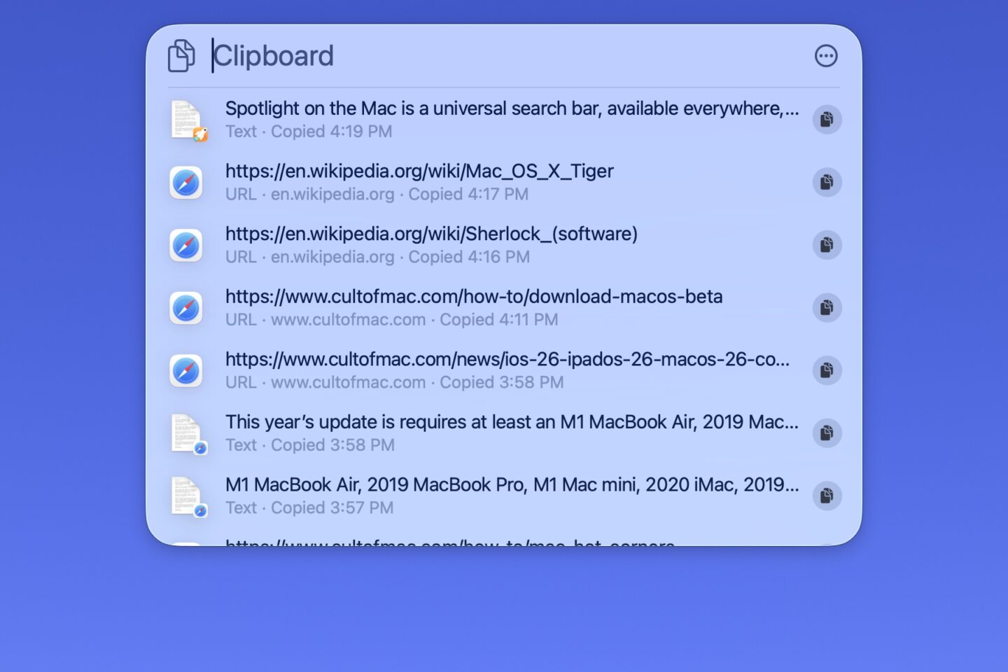 Spotlight Clipboard Mac screenshot shows Spotlight's new clipboard feature